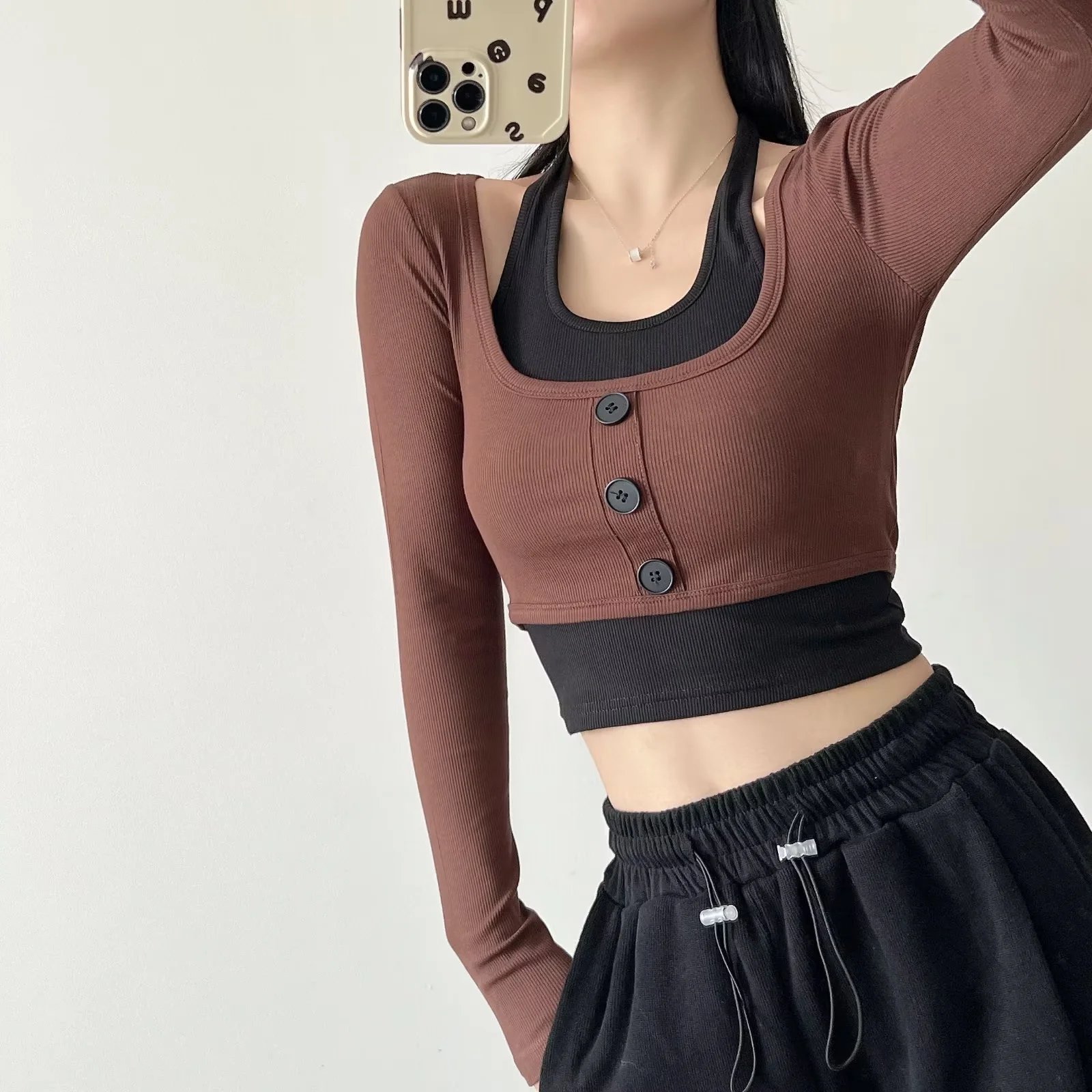 N6051-Y1211 Women'S Buttoned Two-Piece Tee Set With Square Neckline - Comfortable And Stylish