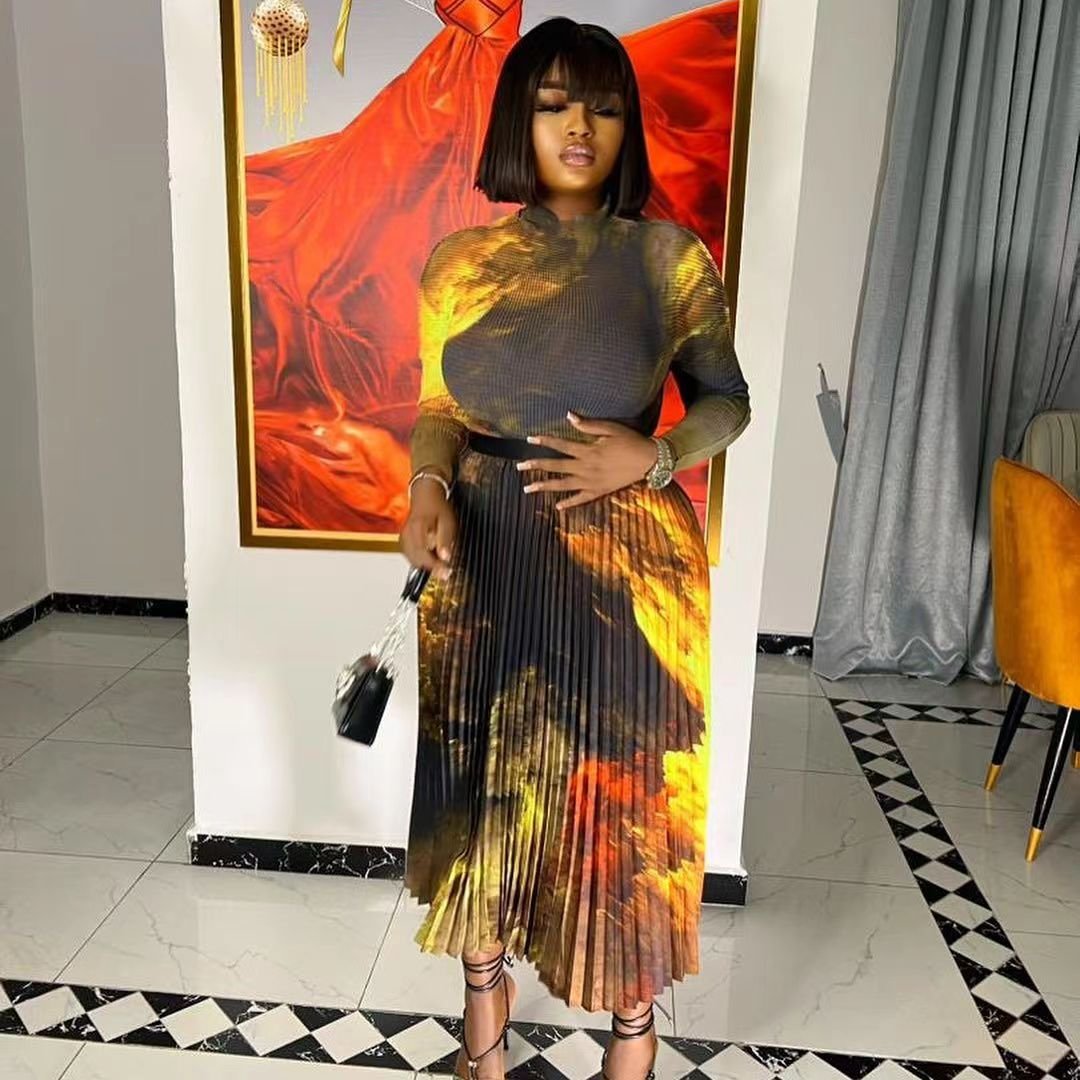 Sheen Miyaki Plus Size Stretchy Floral Newest 2 Piece Pleated Skirts And Tops Floral Print Long Skirts And Dresses Women'S Sets