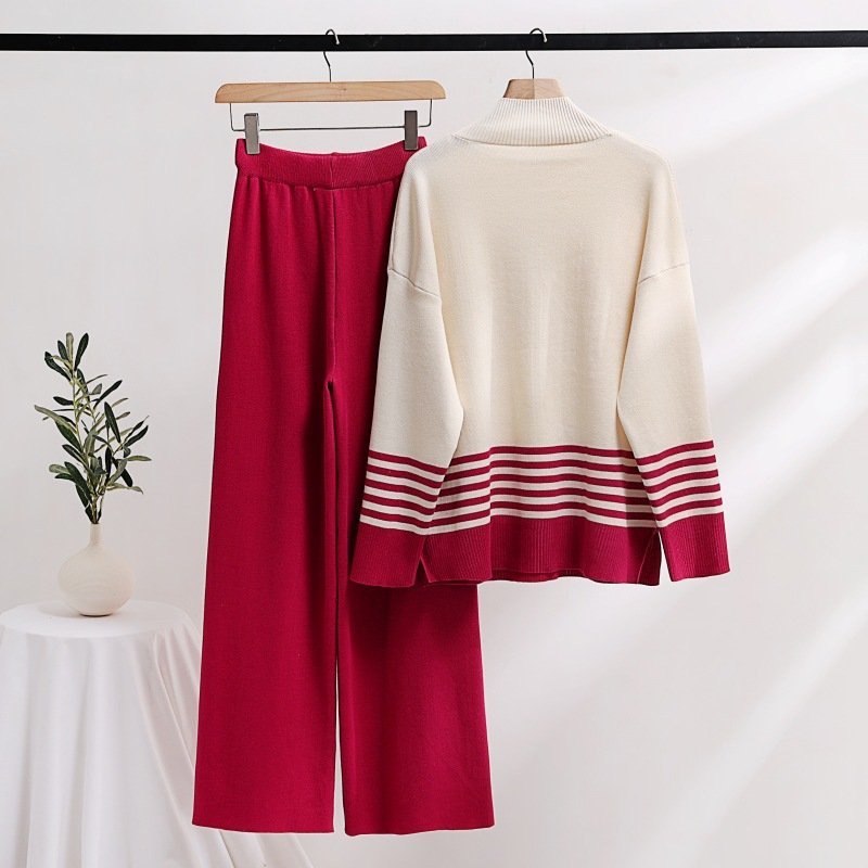Muslim Knit Wide Leg Pants Sweater Set Elastic Pants Casual Loose Knit Set Women's Two Piece Islamic Women's Sweater Set