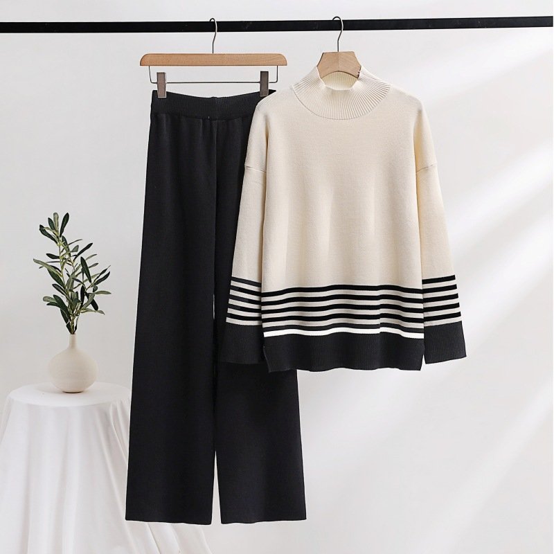 Muslim Knit Wide Leg Pants Sweater Set Elastic Pants Casual Loose Knit Set Women's Two Piece Islamic Women's Sweater Set