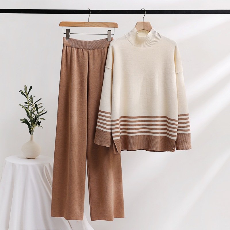 Muslim Knit Wide Leg Pants Sweater Set Elastic Pants Casual Loose Knit Set Women's Two Piece Islamic Women's Sweater Set