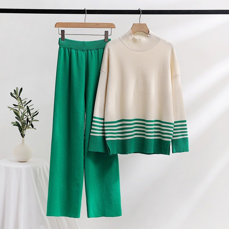 Muslim Knit Wide Leg Pants Sweater Set Elastic Pants Casual Loose Knit Set Women's Two Piece Islamic Women's Sweater Set