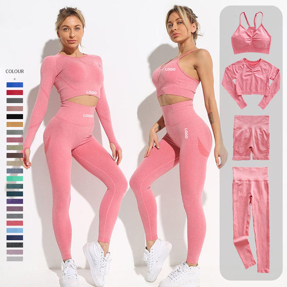 OEM DOM Seamless Scrunch Workout Activewear Yoga Bra Long Sleeves Shorts Leggings set Contour Gym Fitness Yoga Wear Outfit Set