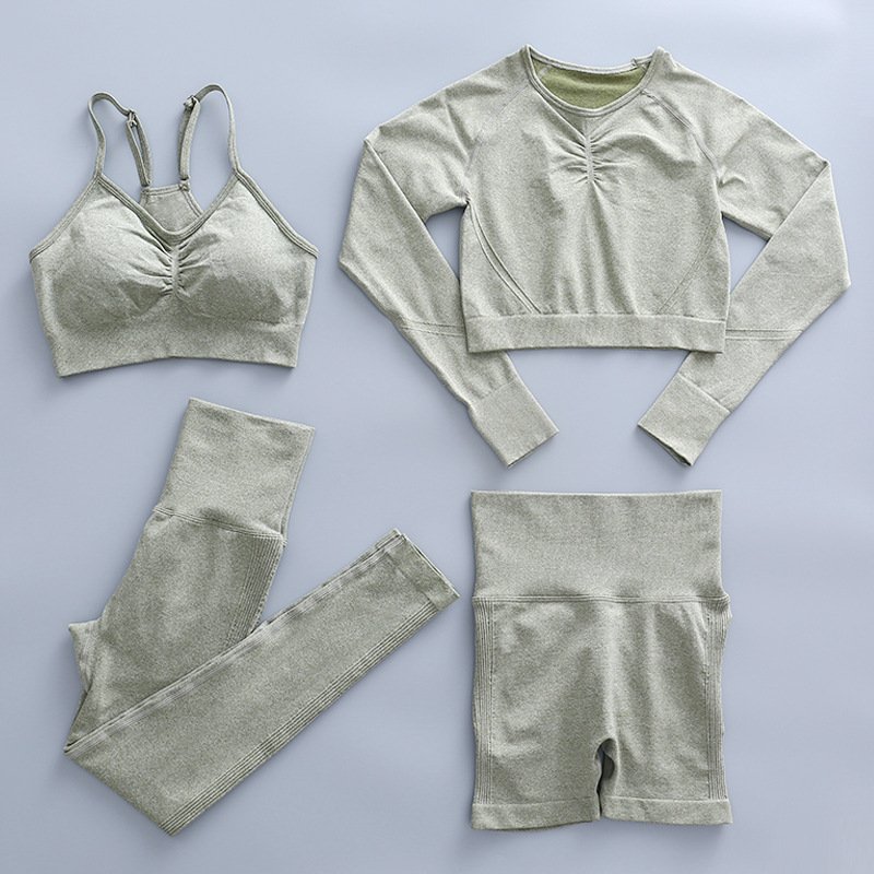 OEM DOM Seamless Scrunch Workout Activewear Yoga Bra Long Sleeves Shorts Leggings set Contour Gym Fitness Yoga Wear Outfit Set