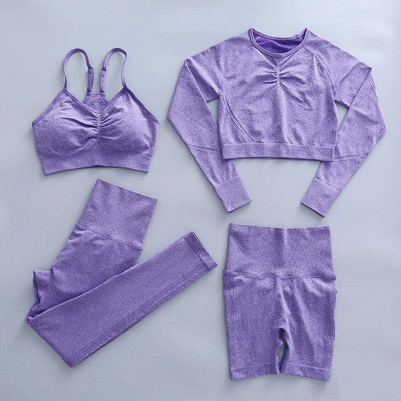 OEM DOM Seamless Scrunch Workout Activewear Yoga Bra Long Sleeves Shorts Leggings set Contour Gym Fitness Yoga Wear Outfit Set