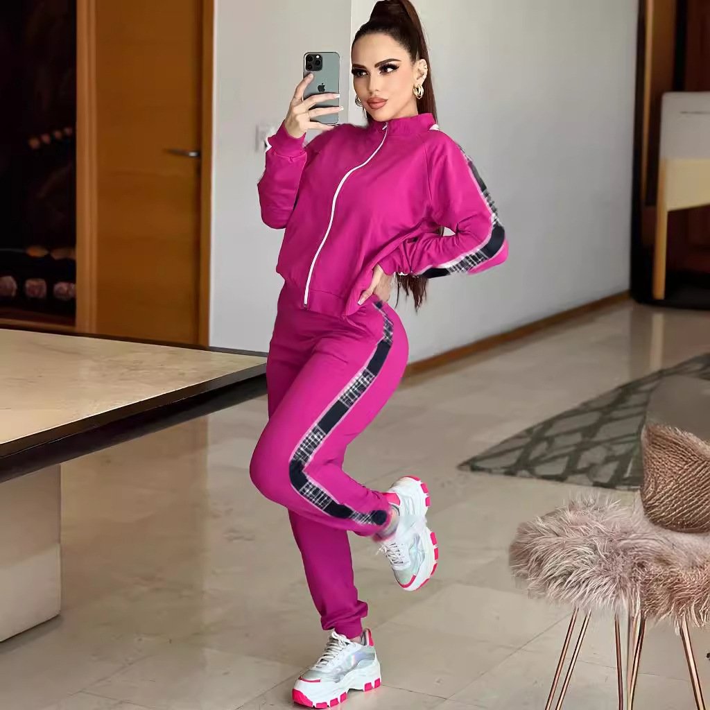 Wholesale designer brand clothing fall long sleeve jacket 2 pieces set fashion pink luxury two piece sweatpants sets women