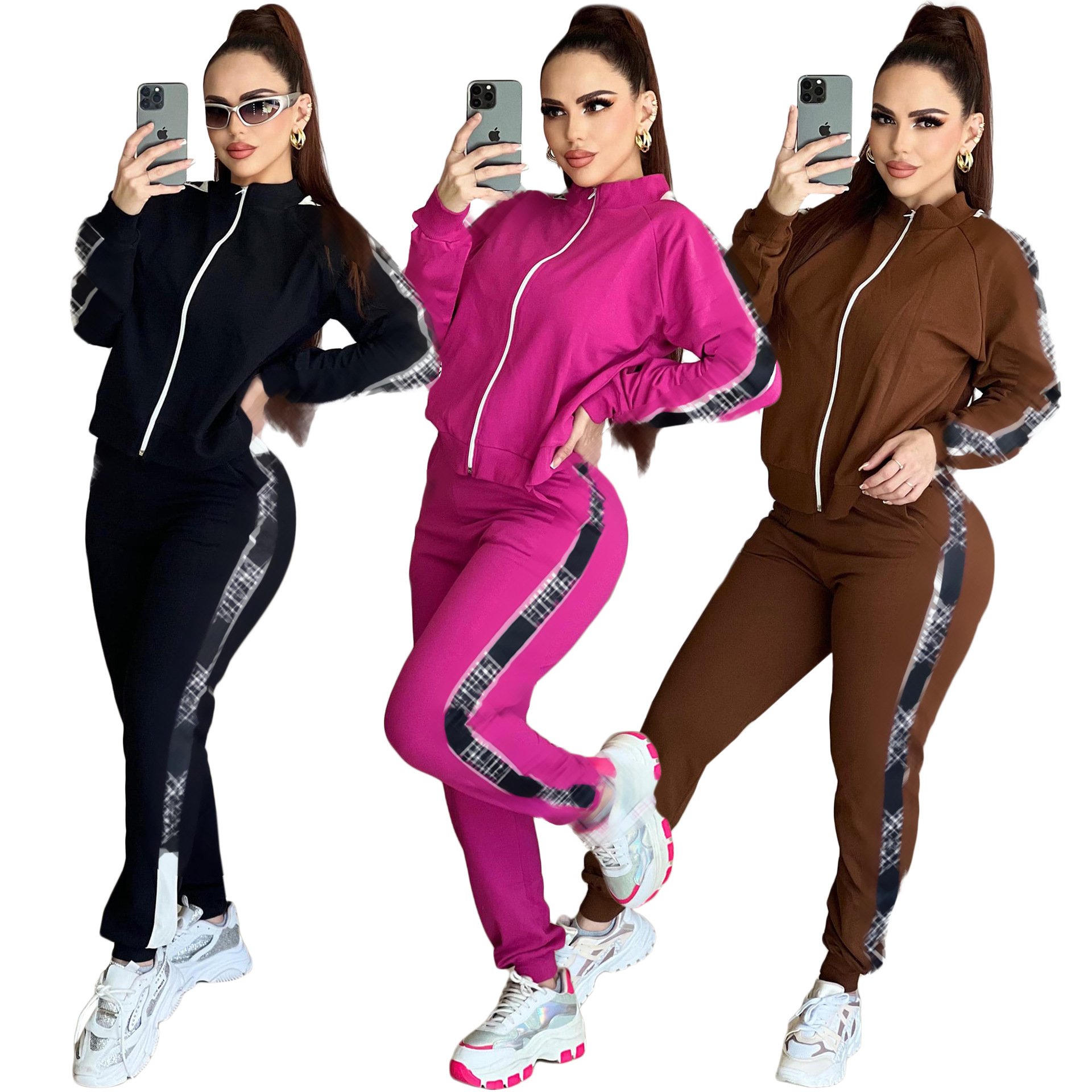 Wholesale designer brand clothing fall long sleeve jacket 2 pieces set fashion pink luxury two piece sweatpants sets women