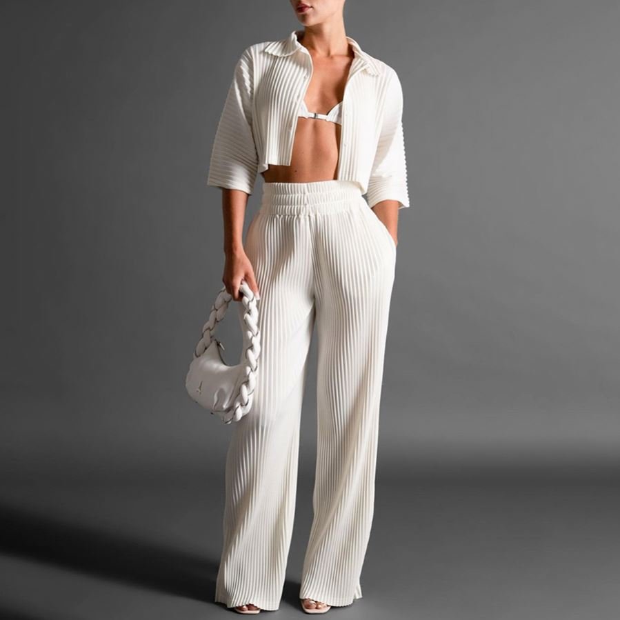 WQ4306 Fall Solid Color Two Piece Loose Pant Sets Ladies Elegant Office Street Wear Women's Set