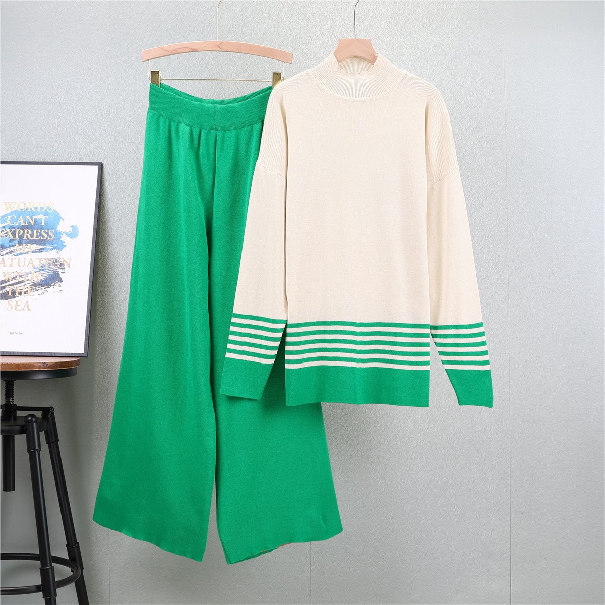 Boutique Wholesale 2024 Autumn New Half High Neck Sweater Contrast Spliced Pants Fashion Women's Set