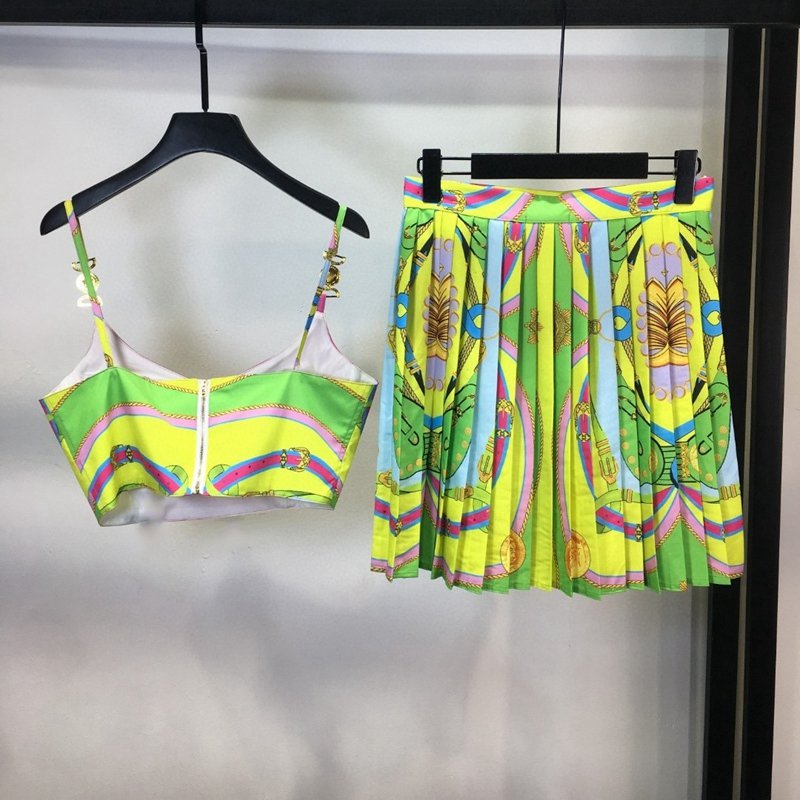 American Fashion Women's Summer New Print Set Chest Strap Top High Waist Pleated Skirt Two Piece Set