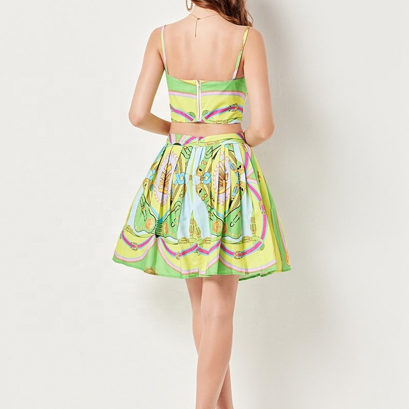 American Fashion Women's Summer New Print Set Chest Strap Top High Waist Pleated Skirt Two Piece Set