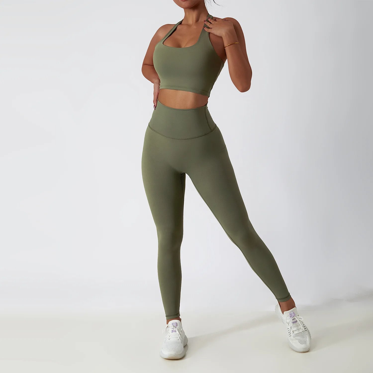 Women Halter Bra High Waist Pant Yoga Suit Lady Crop Top Bound Feet Tights Gym Sets Female Full Zip Long Sleeve Sports Jacket