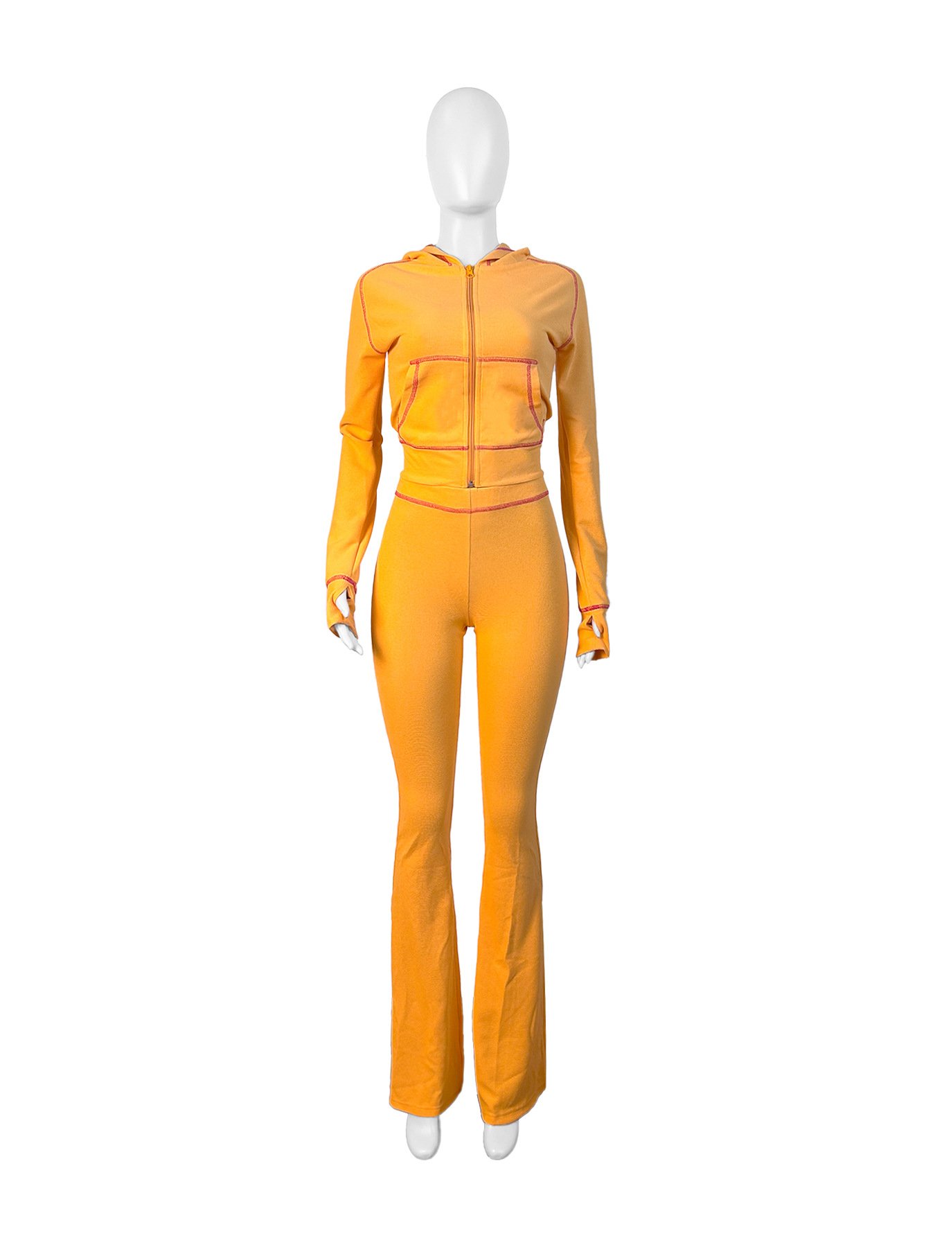 Bomblook Z905ST02 Women's Set Hooded Tops+Flare Pants Suits Waffle Texture Striped 2024 Autumn Casual Street Baddie 2 Piece Sets