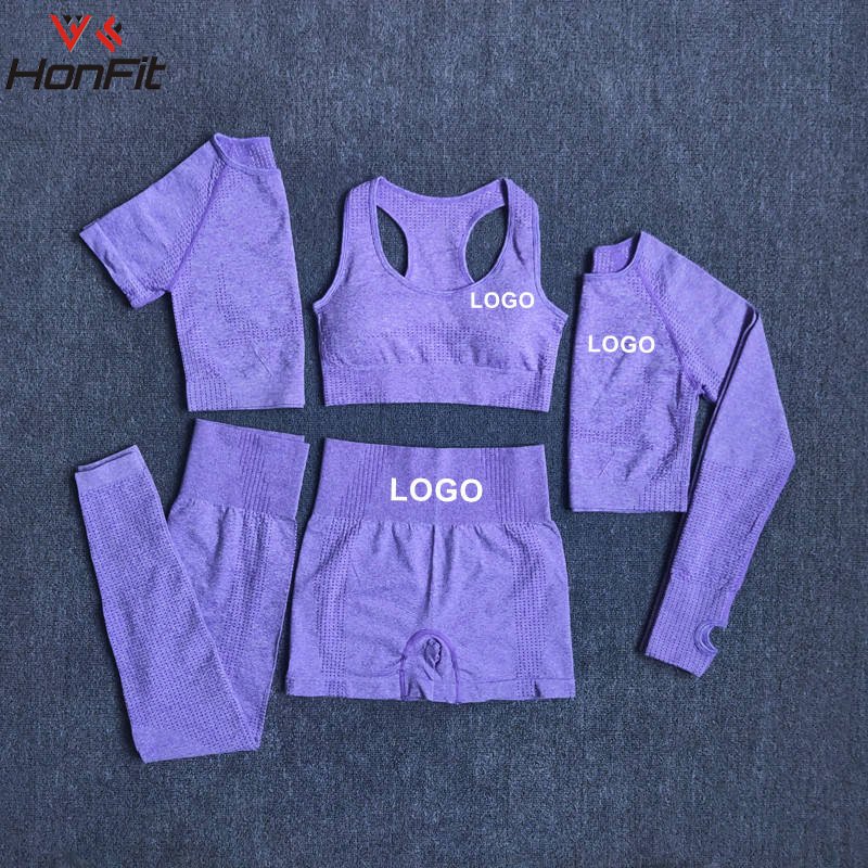 Seamless Active Wear Women's Fitness Gym Clothing 5 Piece Sport Top Long Sleeve Workout Yoga Sets