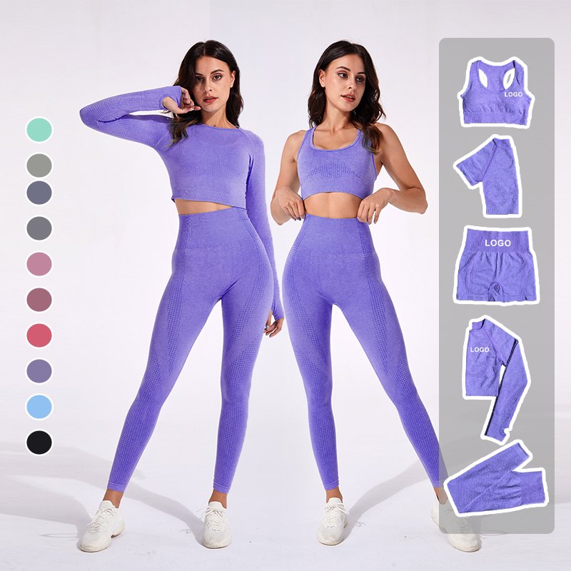 Seamless Active Wear Women's Fitness Gym Clothing 5 Piece Sport Top Long Sleeve Workout Yoga Sets