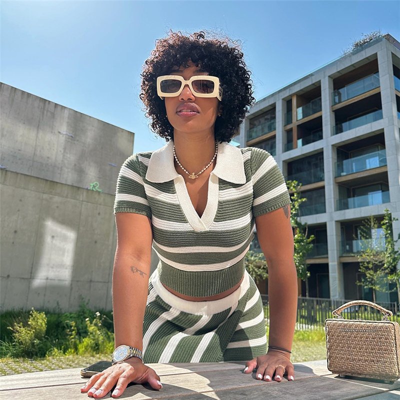 2023 Casual Striped Two Pieces Skirts Sets Summer Women 2 Piece Set Women Elegant Softy Knitted Women's Set