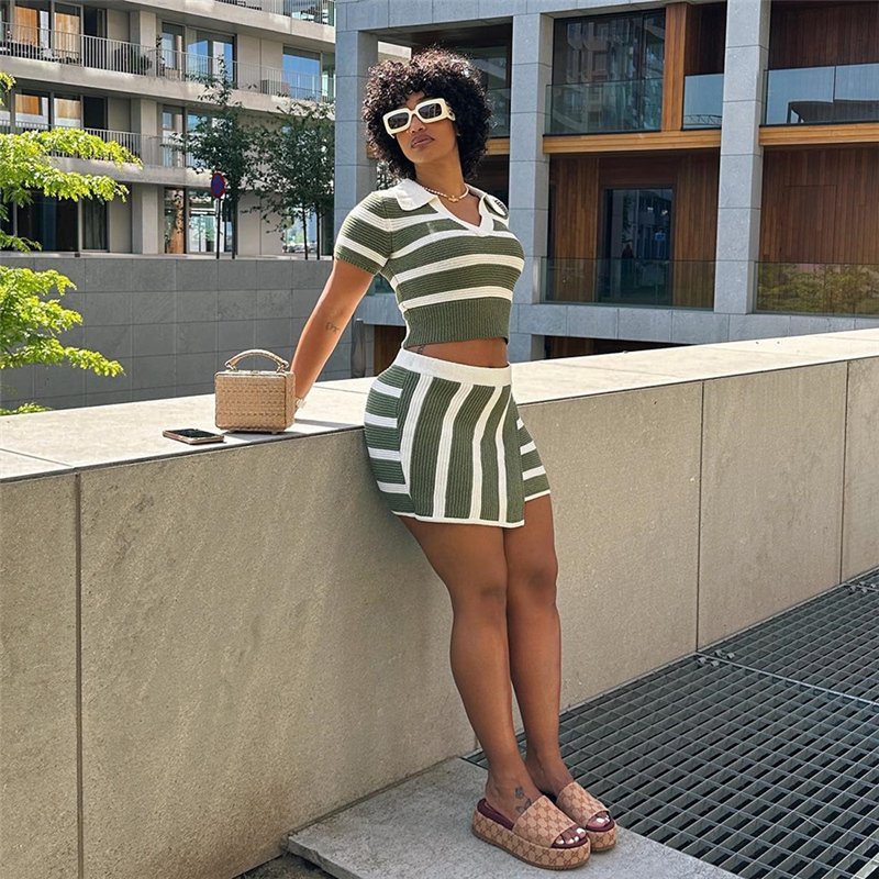 2023 Casual Striped Two Pieces Skirts Sets Summer Women 2 Piece Set Women Elegant Softy Knitted Women's Set