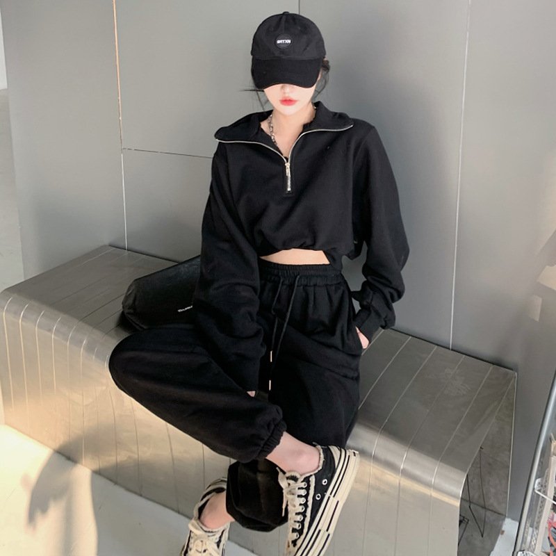 2024 New Custom Casual Solid Color Loose Half Zipper Sweatshirt And Trouser Women Two Piece Set