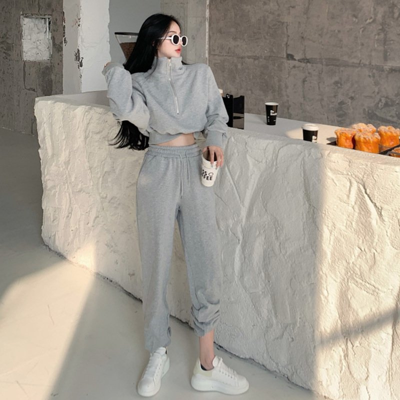 2024 New Custom Casual Solid Color Loose Half Zipper Sweatshirt And Trouser Women Two Piece Set