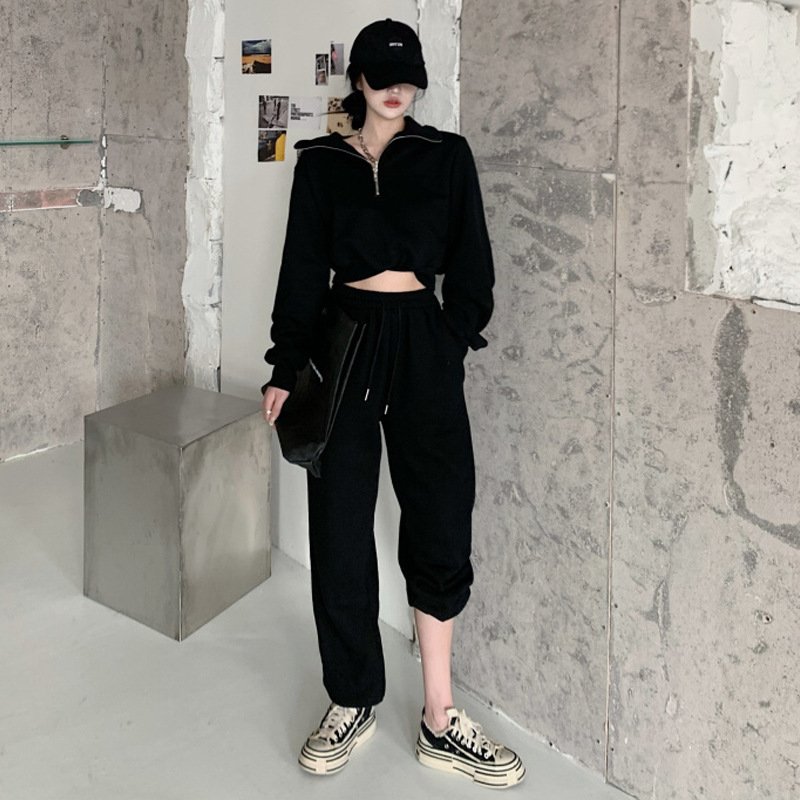 2024 New Custom Casual Solid Color Loose Half Zipper Sweatshirt And Trouser Women Two Piece Set
