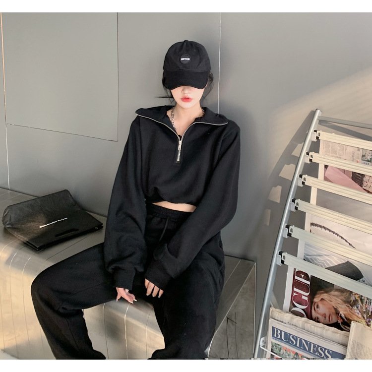 2024 New Custom Casual Solid Color Loose Half Zipper Sweatshirt And Trouser Women Two Piece Set