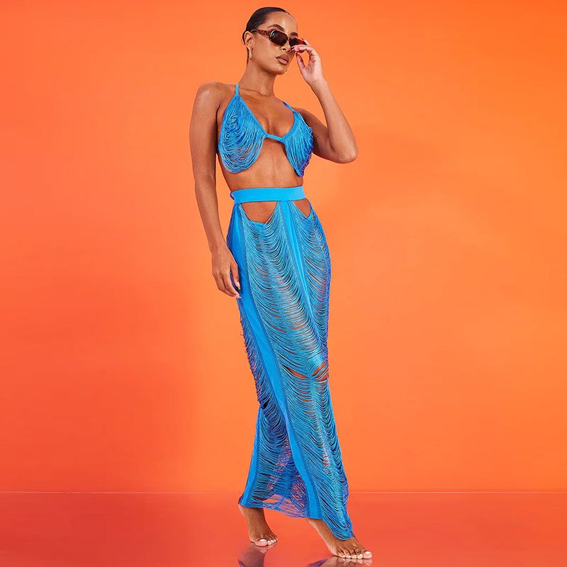 Summer Knitted Hollow Out Sexy 2/Two Piece Skirt Sets Plus Size Women Outfits Holiday Beach Crop Top And Skirt Set