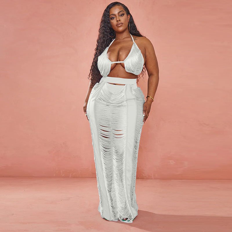 Summer Knitted Hollow Out Sexy 2/Two Piece Skirt Sets Plus Size Women Outfits Holiday Beach Crop Top And Skirt Set