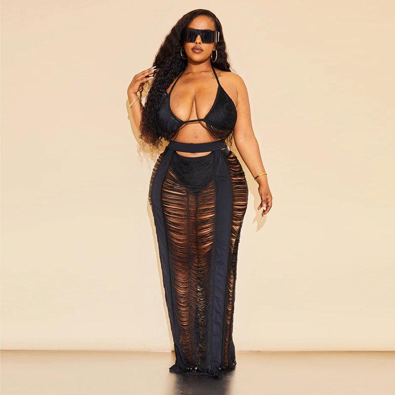 Summer Knitted Hollow Out Sexy 2/Two Piece Skirt Sets Plus Size Women Outfits Holiday Beach Crop Top And Skirt Set