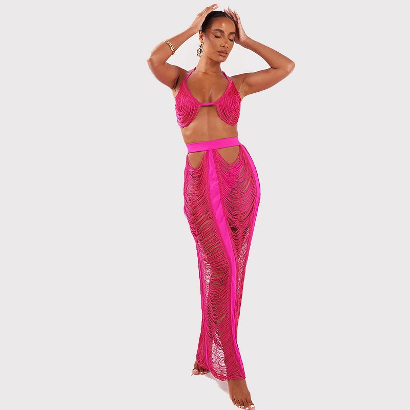 Summer Knitted Hollow Out Sexy 2/Two Piece Skirt Sets Plus Size Women Outfits Holiday Beach Crop Top And Skirt Set