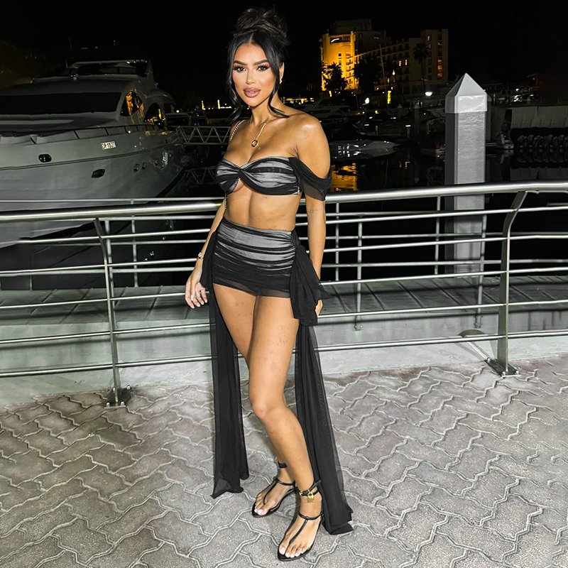 2024 summer new sexy crop shoulder with chest high waist streamer bag hip skirt set women's two-piece set