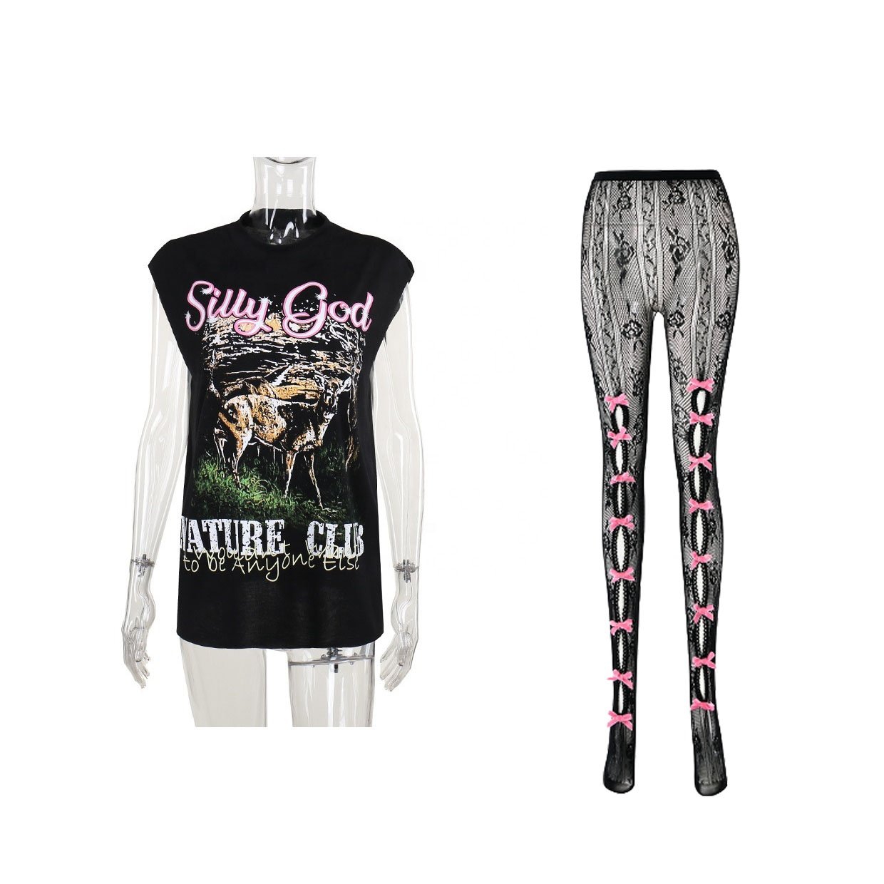 2024 Summer Fashion Women Sleeveless Graphic Print Top Lace Bow Hollow Out Legging Matching 2 Piece Streetwear Set