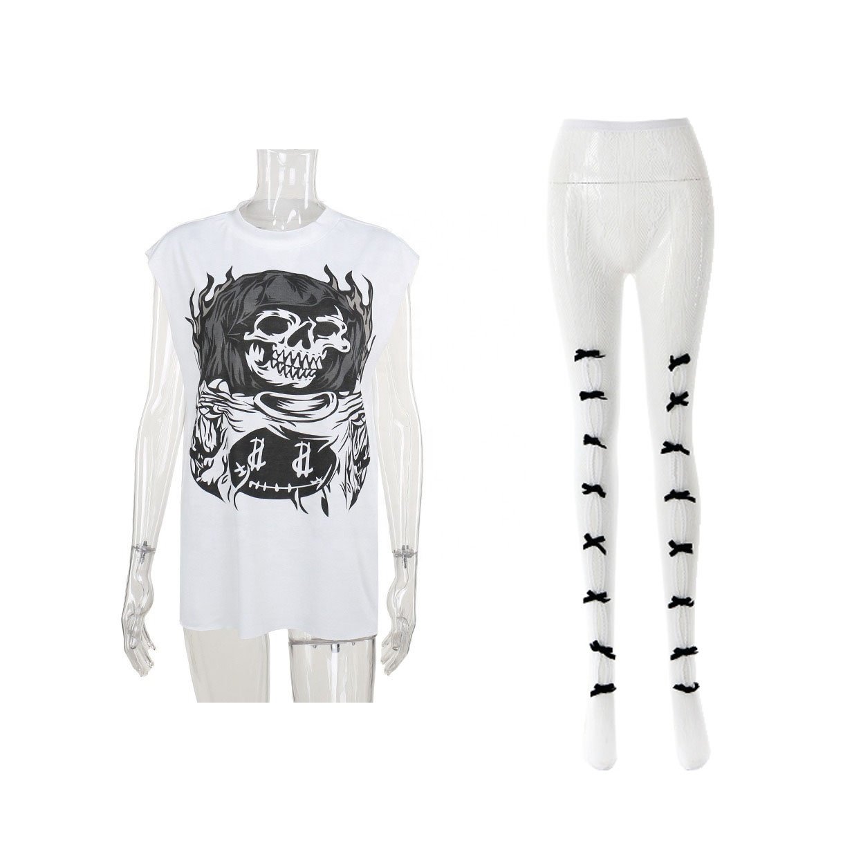 2024 Summer Fashion Women Sleeveless Graphic Print Top Lace Bow Hollow Out Legging Matching 2 Piece Streetwear Set