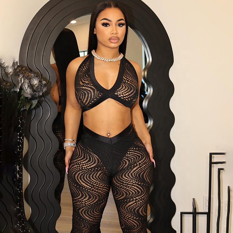 JY summer new hollow out sleeveless slash neck crop top and pants 2 piece set solid skinny sexy fashion women's set