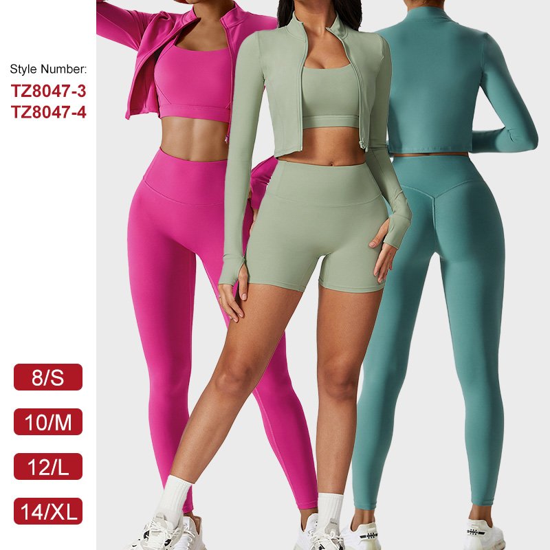 TZ8047-2 Women's Naked Feeling Quick Dry Yoga 3pcs Set Gym Training Running Fitness Cross Back Sports Set