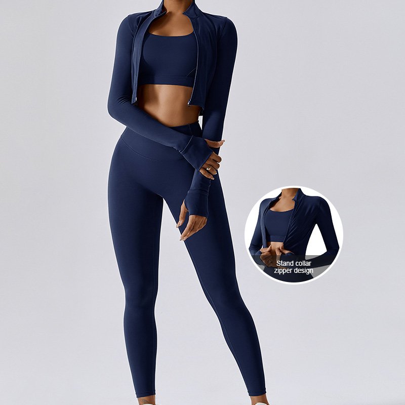 TZ8047-2 Women's Naked Feeling Quick Dry Yoga 3pcs Set Gym Training Running Fitness Cross Back Sports Set