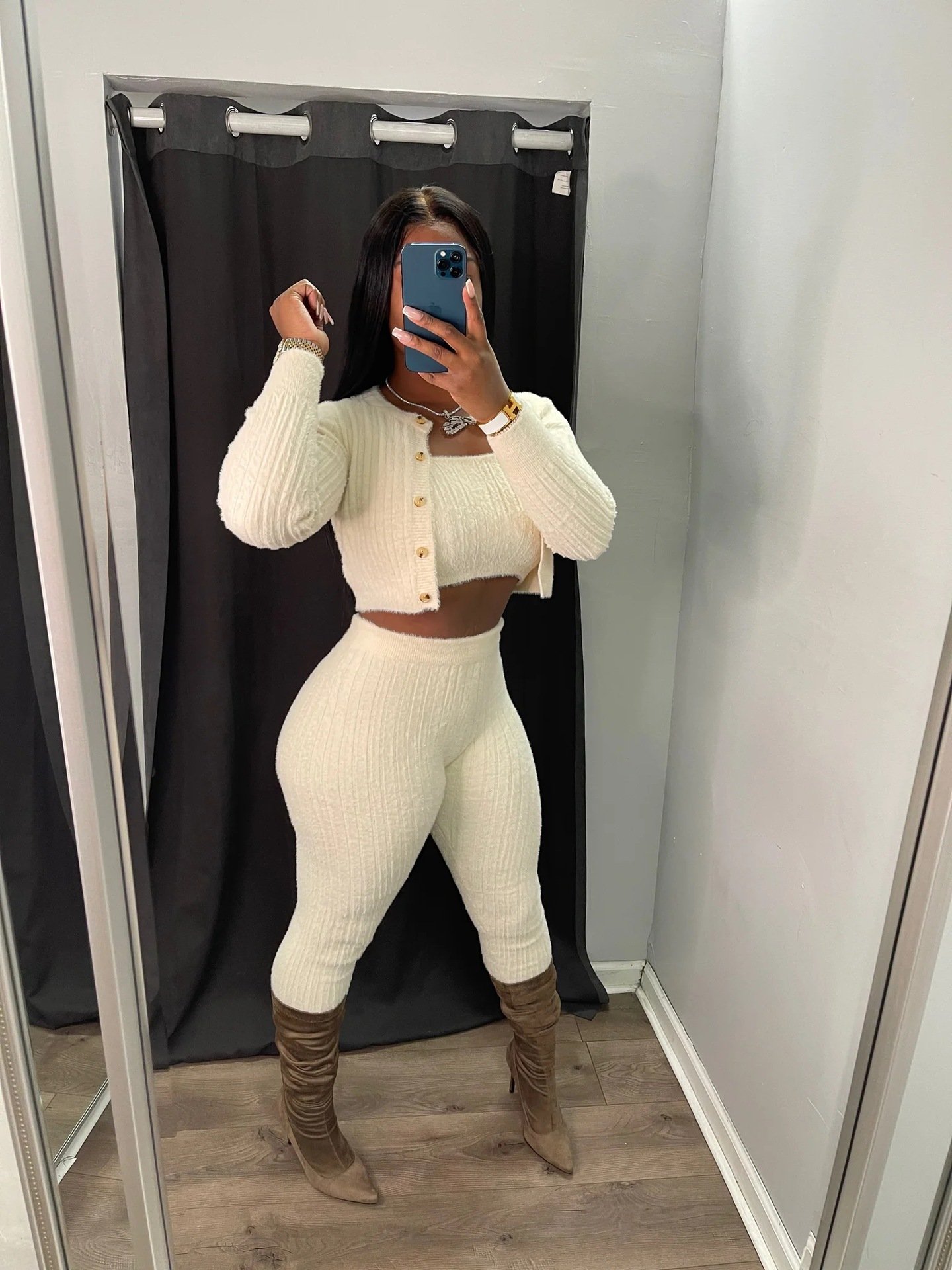 Wholesale casual long sleeve cardigan three piece tube top set fashion knit sweater 3 piece pants sets women