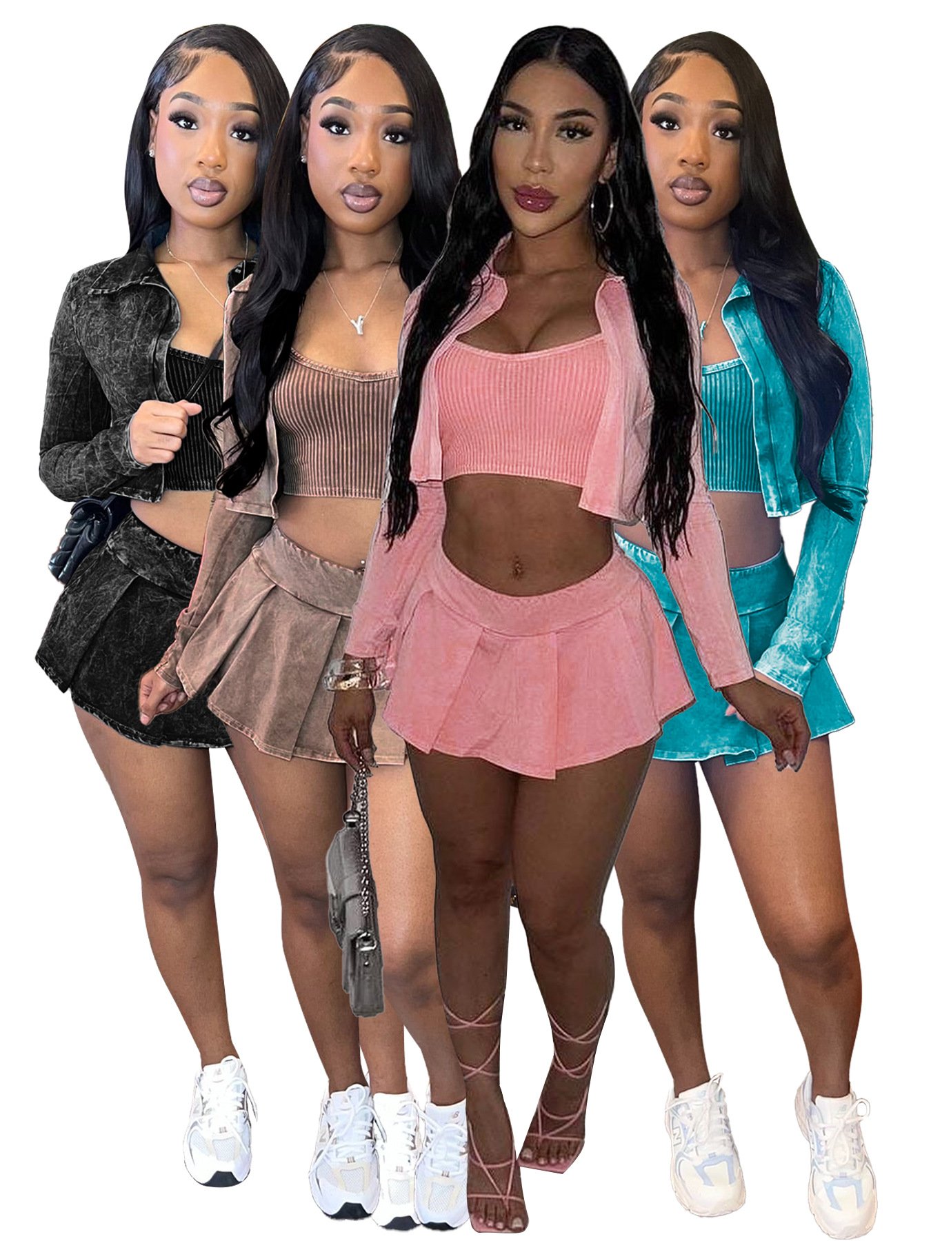 RTS pink women's streetwear summer vintage acid washed 3 pieces skirt skort set women fashion clothing manufacturer woman outfit