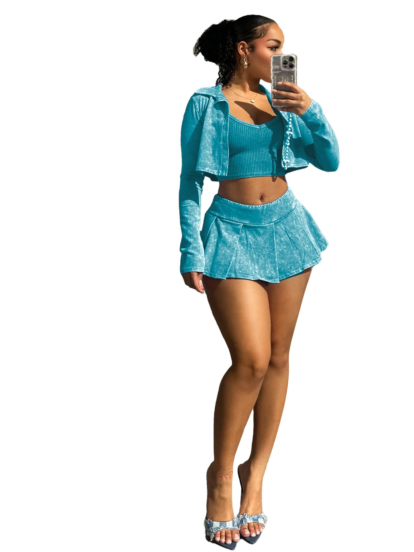 RTS pink women's streetwear summer vintage acid washed 3 pieces skirt skort set women fashion clothing manufacturer woman outfit