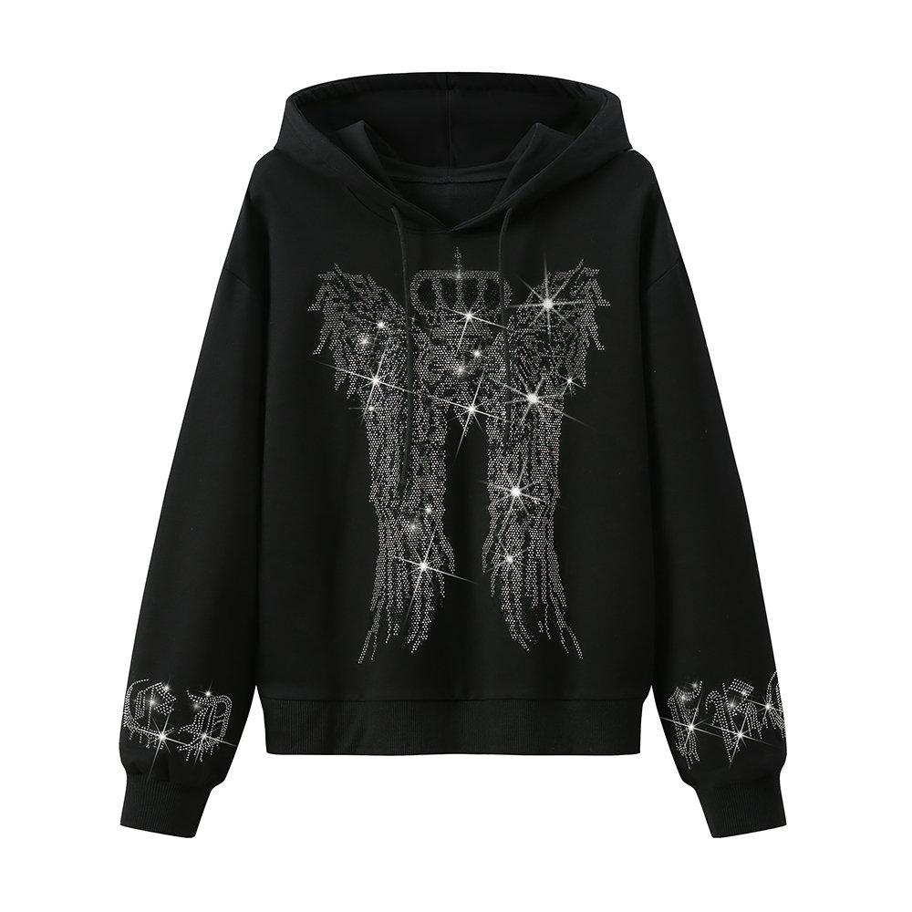Custom Cotton Plus Size Women'S Sets Black Long Sleeve Rhinestone Hoodie Set