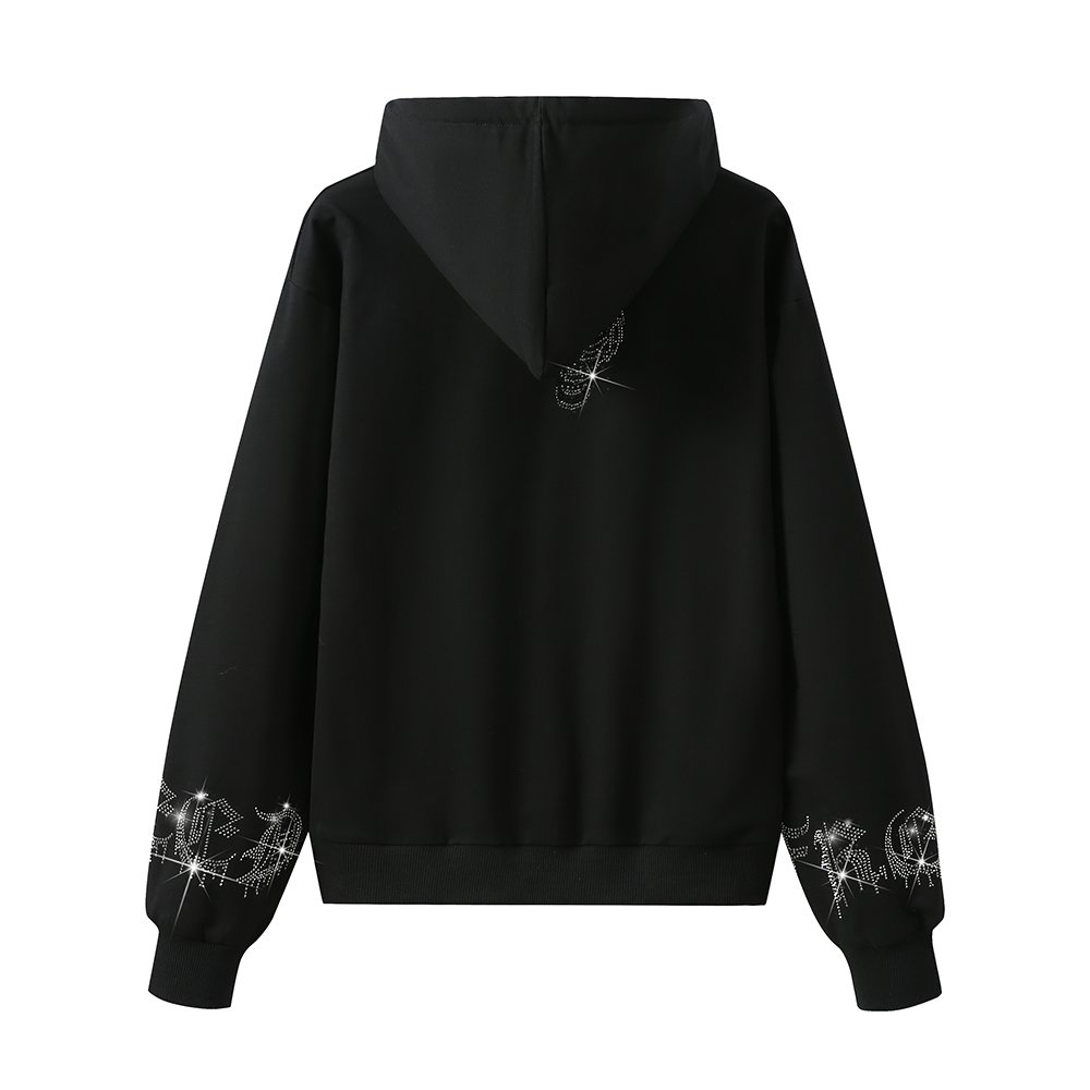 Custom Cotton Plus Size Women'S Sets Black Long Sleeve Rhinestone Hoodie Set