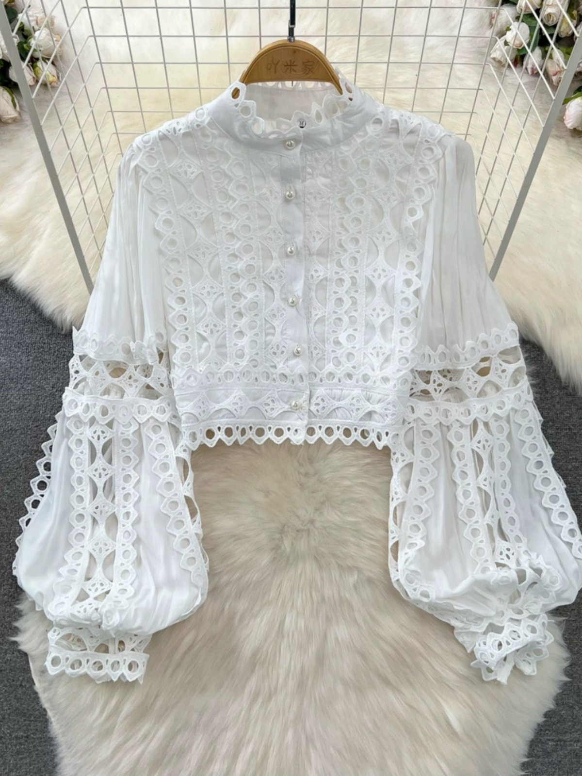 Wholesale 2024 Spring New Retro Palace Style Lantern Sleeves Standing Neck Hollowed Lace Top High Waist Skirt Women's Set