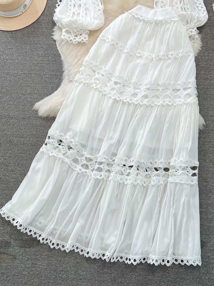 Wholesale 2024 Spring New Retro Palace Style Lantern Sleeves Standing Neck Hollowed Lace Top High Waist Skirt Women's Set