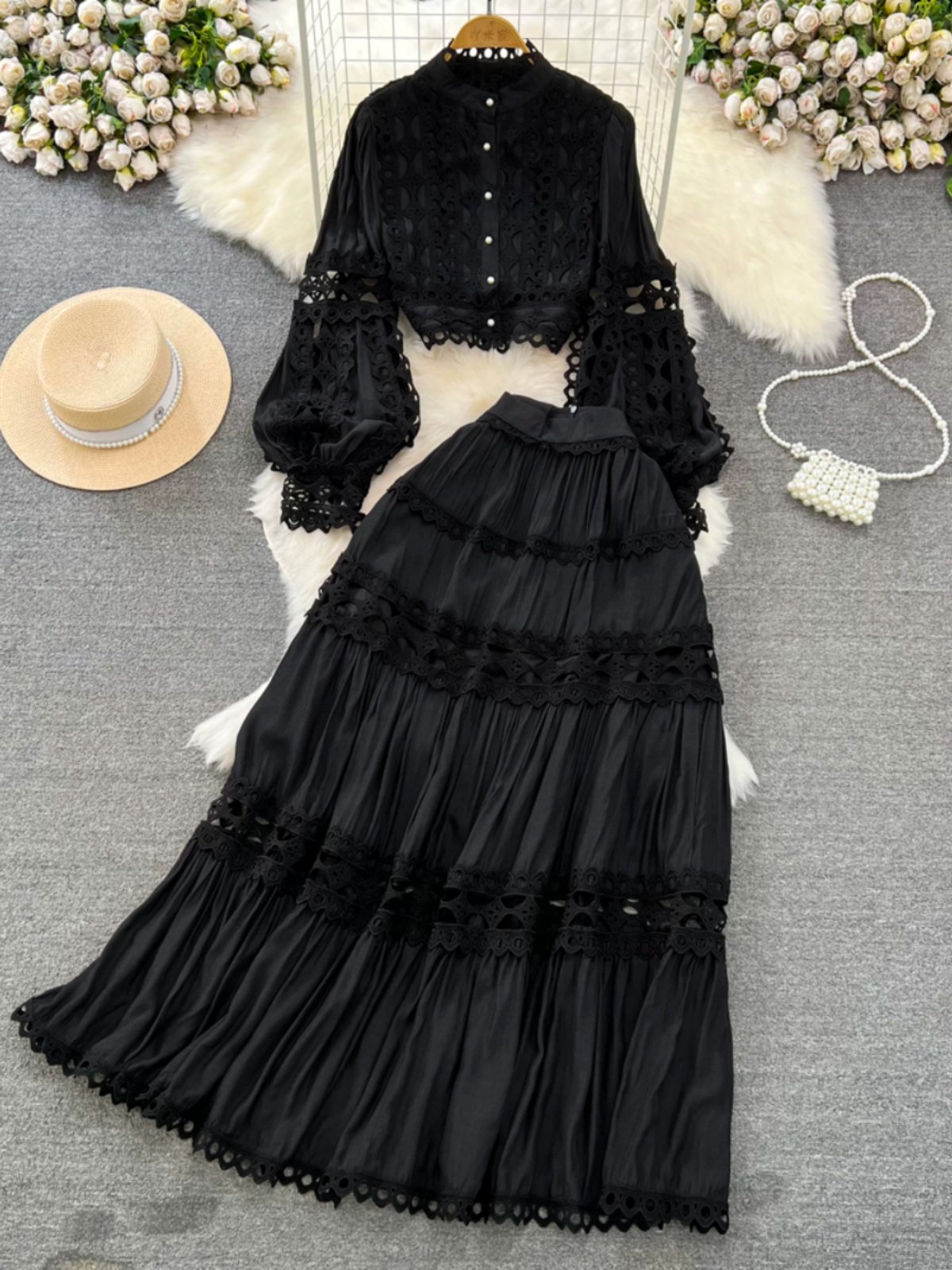 Wholesale 2024 Spring New Retro Palace Style Lantern Sleeves Standing Neck Hollowed Lace Top High Waist Skirt Women's Set