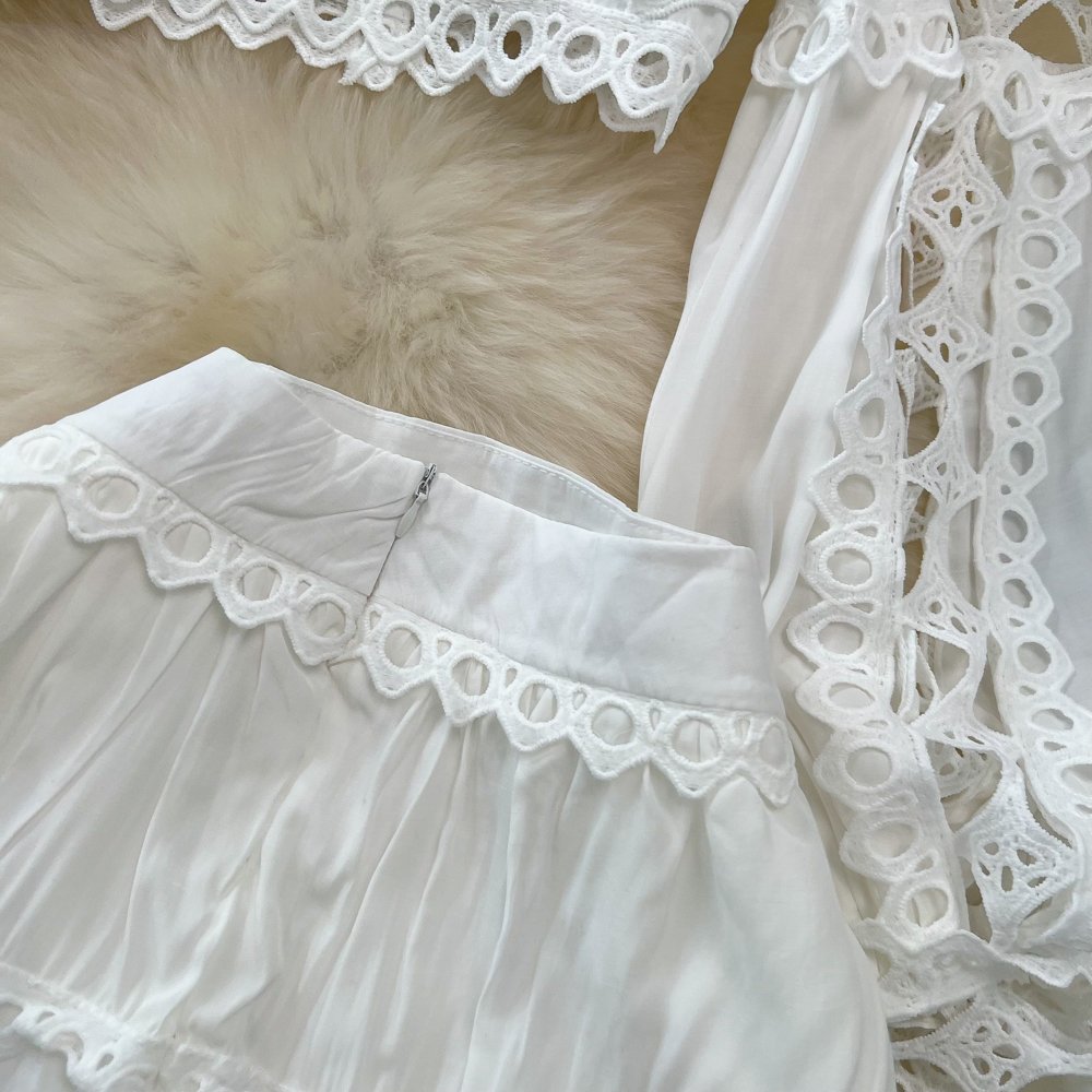 Wholesale 2024 Spring New Retro Palace Style Lantern Sleeves Standing Neck Hollowed Lace Top High Waist Skirt Women's Set