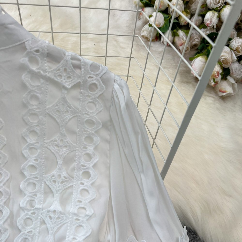 Wholesale 2024 Spring New Retro Palace Style Lantern Sleeves Standing Neck Hollowed Lace Top High Waist Skirt Women's Set