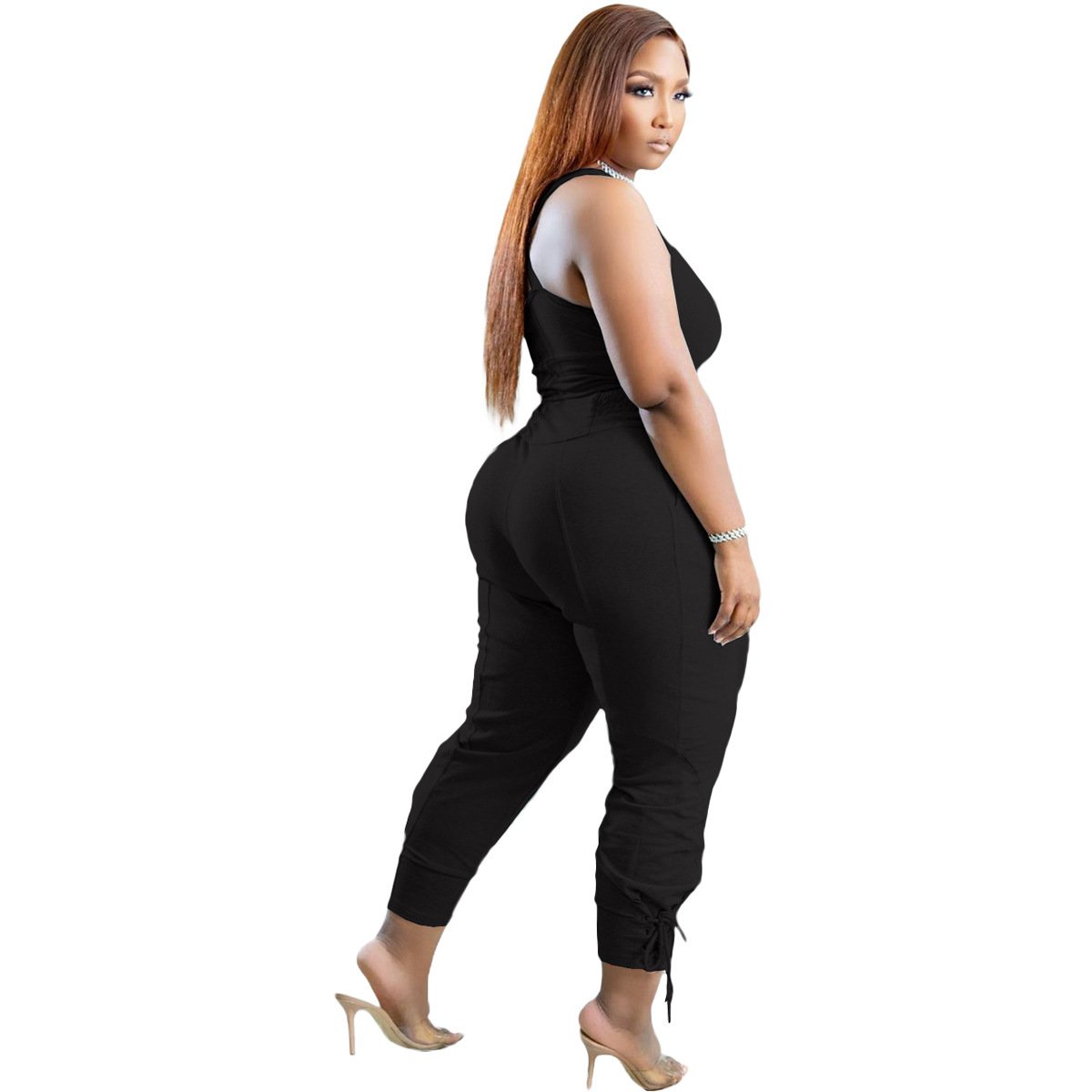 S-5XL Plus Size Women's Sets Casual Solid Color Sleeveless Crop Top Two Piece Pants Set Plus Size Women Summer Clothing