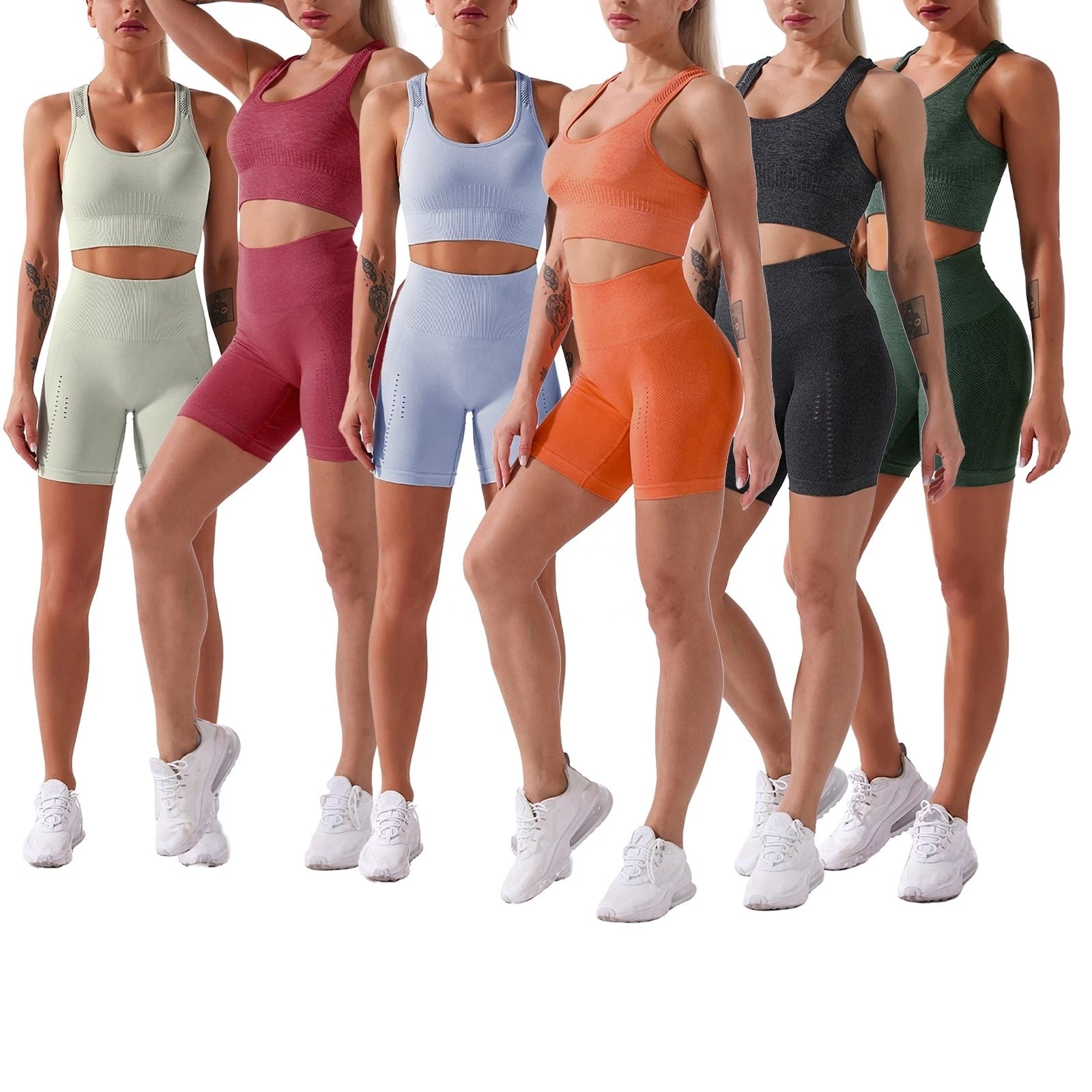 2021 New Women's Sportswear Two Piece Sets Hight Waist Solid Color Yoga Seamless Yoga Set Elastic Tracksuit