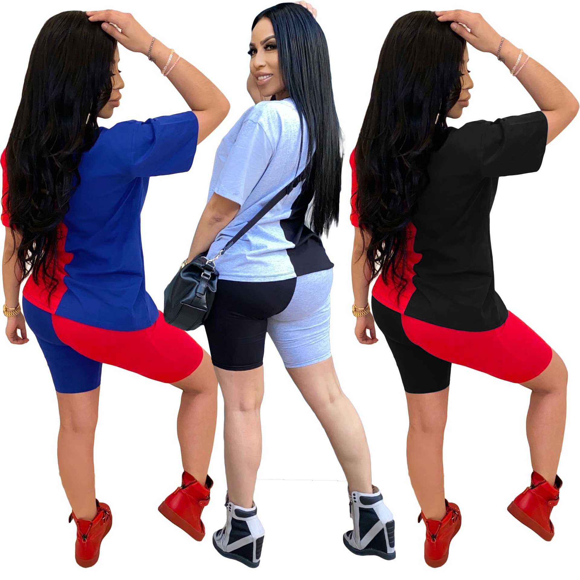 Hot selling European and American women's casual fashion splicing set T-shirt and shorts 2-piece set