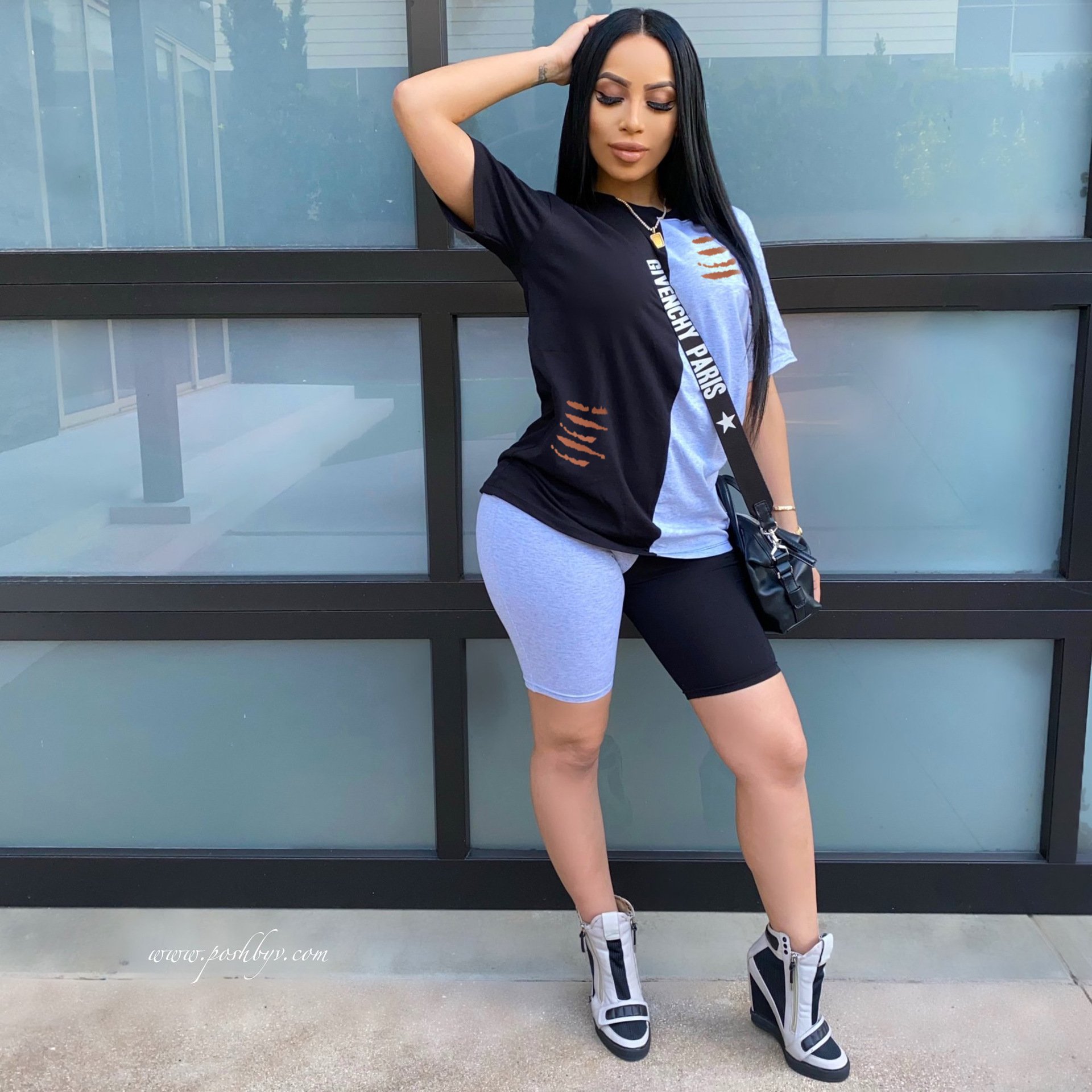 Hot selling European and American women's casual fashion splicing set T-shirt and shorts 2-piece set