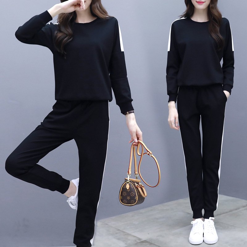 White Black Women Long Sleeve 2 Piece Set Tops+Pants Sporting Suits